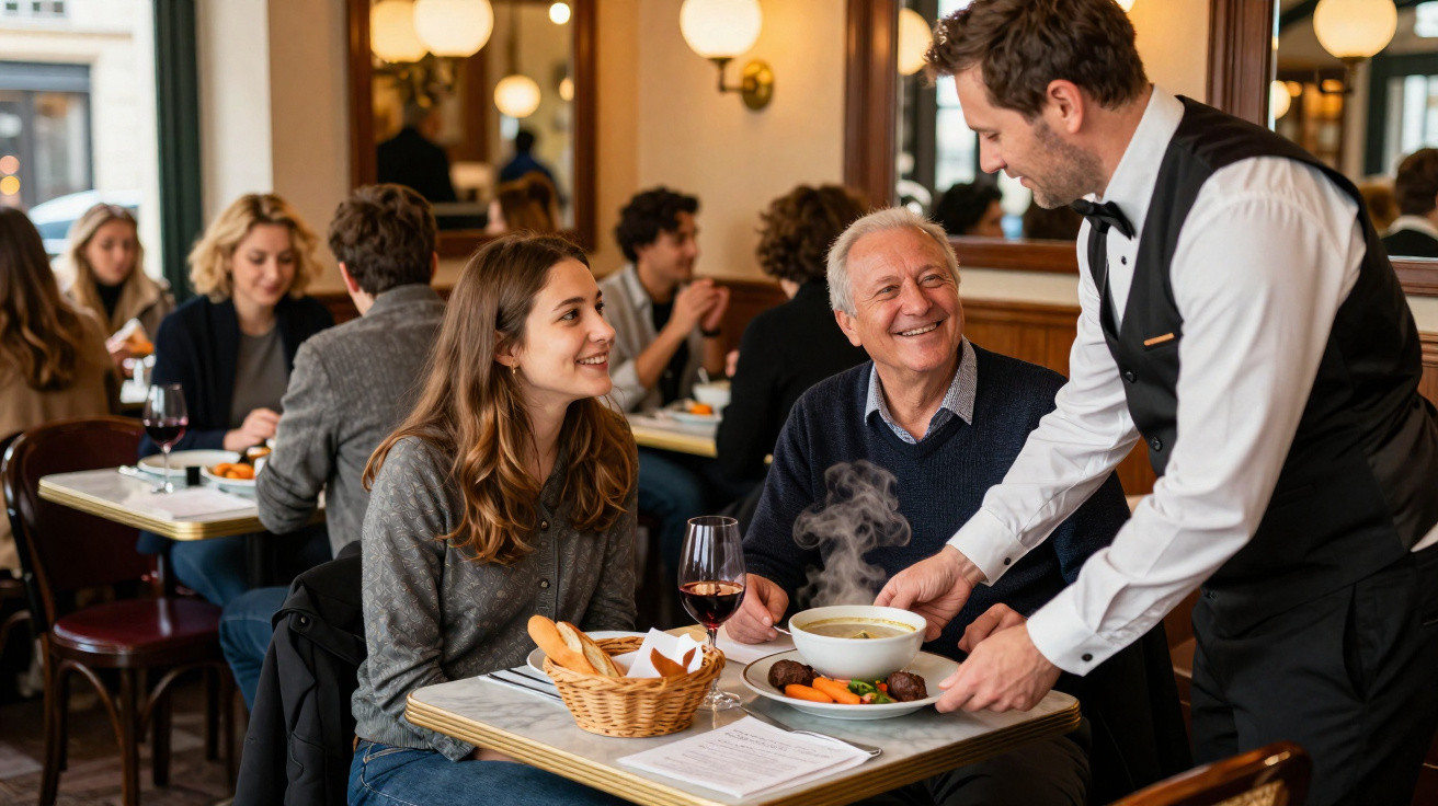Cliente e idoso sentados a sorrir enquanto empregado serve sopa fumegante num restaurante movimentado.