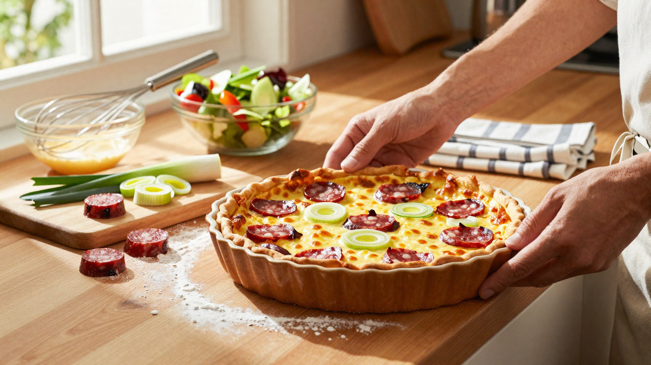 Pessoa a segurar tarte de queijo e chouriço sobre mesa com ingredientes frescos e salada numa cozinha iluminada.