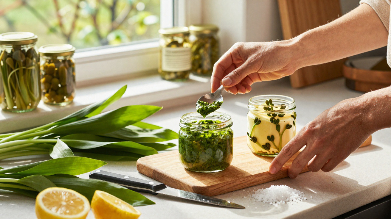 Mãos a colocar molho verde em frasco de vidro numa cozinha com folhas verdes e limão cortado.