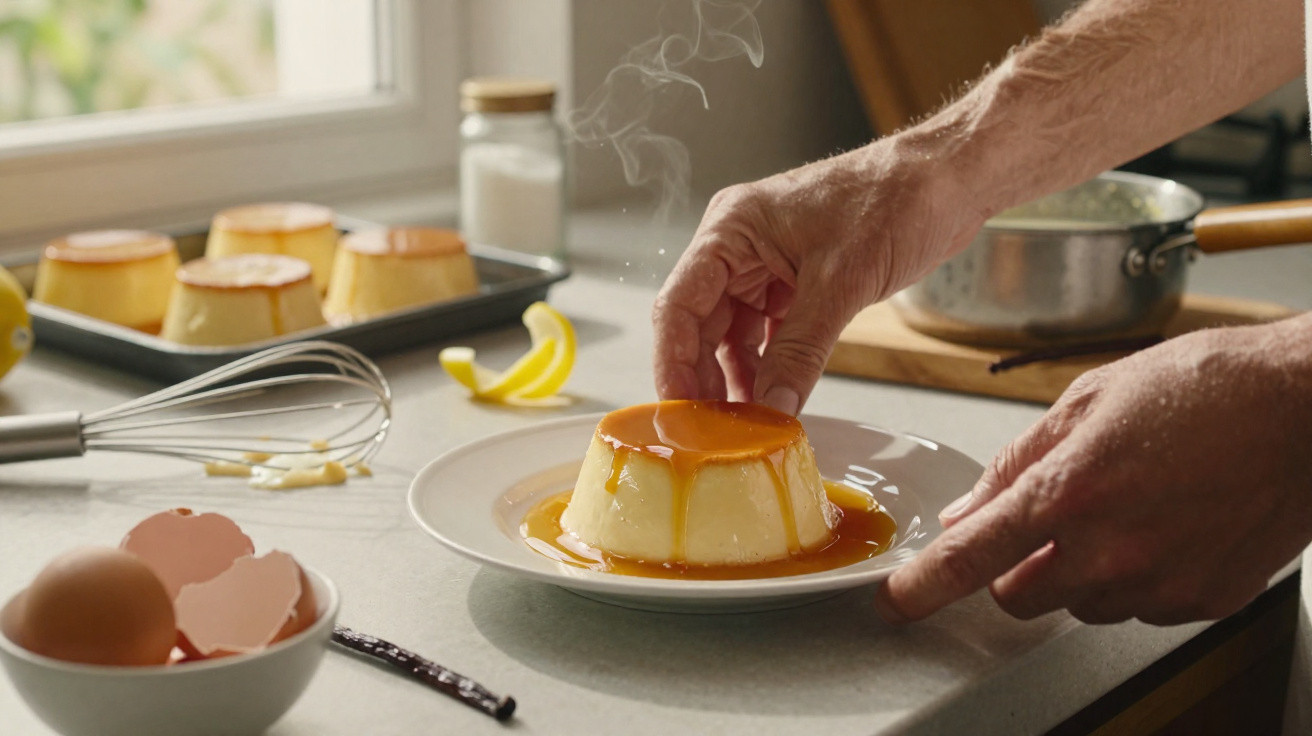 Mãos a colocar pudim com caramelo num prato numa bancada de cozinha com utensílios e ingredientes à volta.