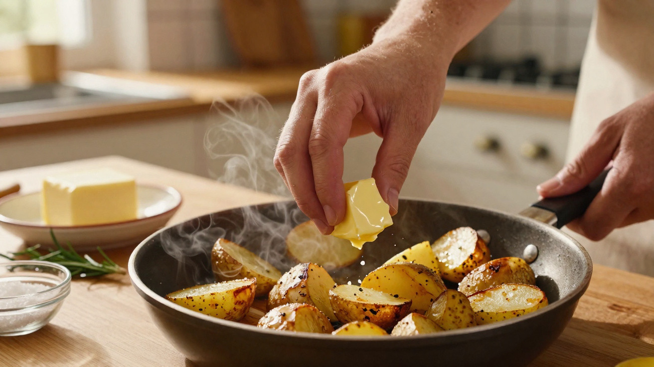 Mão a colocar manteiga sobre batatas douradas numa frigideira fumegante numa cozinha iluminada.