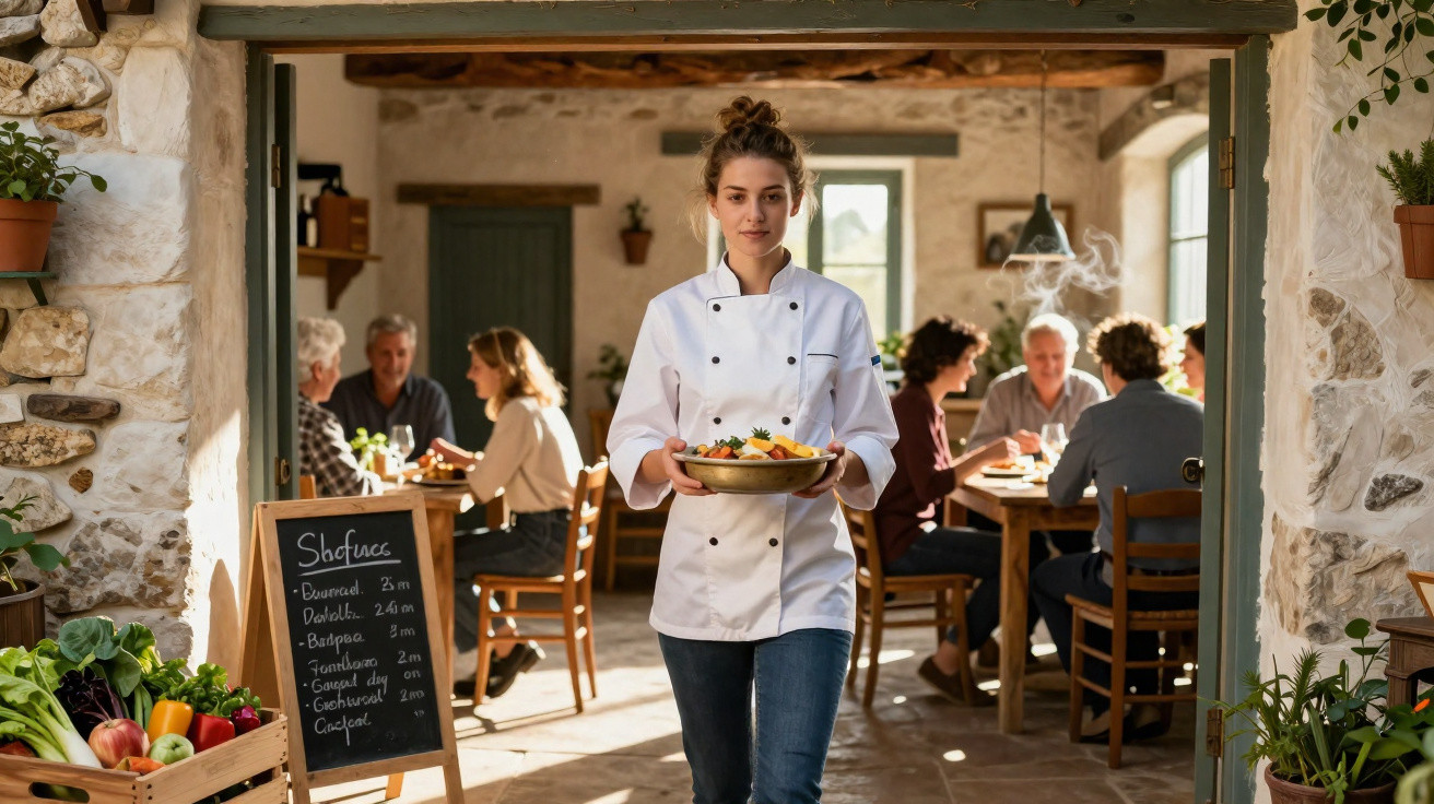 Chef jovem com prato de comida quente a servir num restaurante rústico com clientes a jantar.