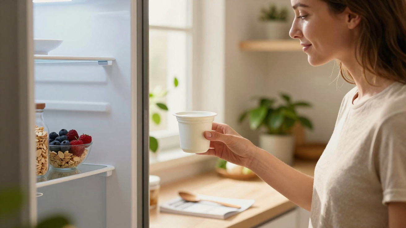 Mulher a pegar um iogurte no frigorífico aberto numa cozinha iluminada e moderna.