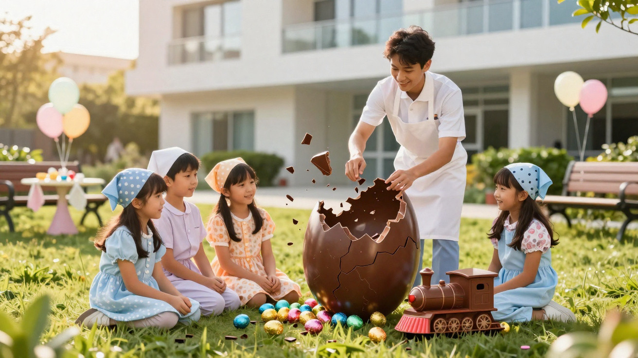 Crianças sentadas na relva observam homem a partir um grande ovo de chocolate num jardim ensolarado.