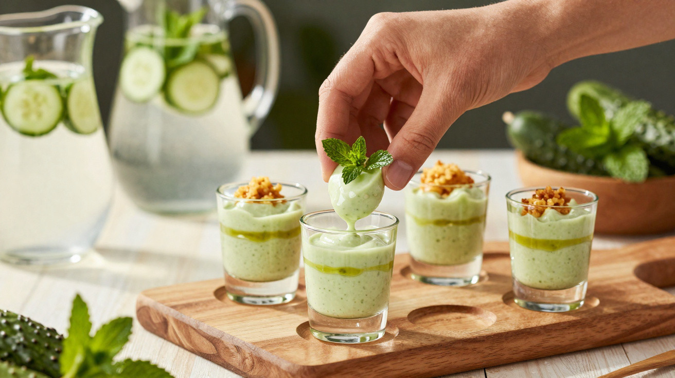 Mão a mergulhar um bolinho verde com hortelã em copo com mousse verde servido num tabuleiro de madeira.