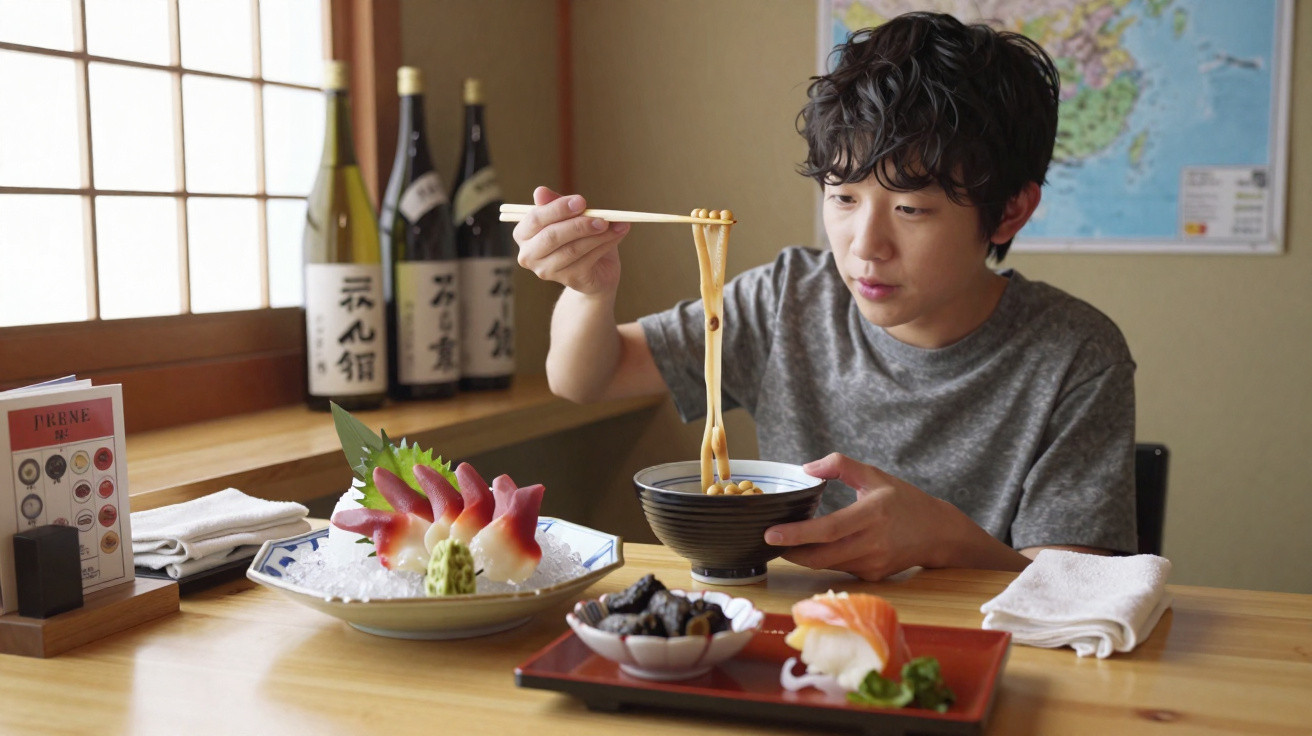 Rapaz a comer noodles com pauzinhos num restaurante japonês, com pratos de sashimi na mesa.