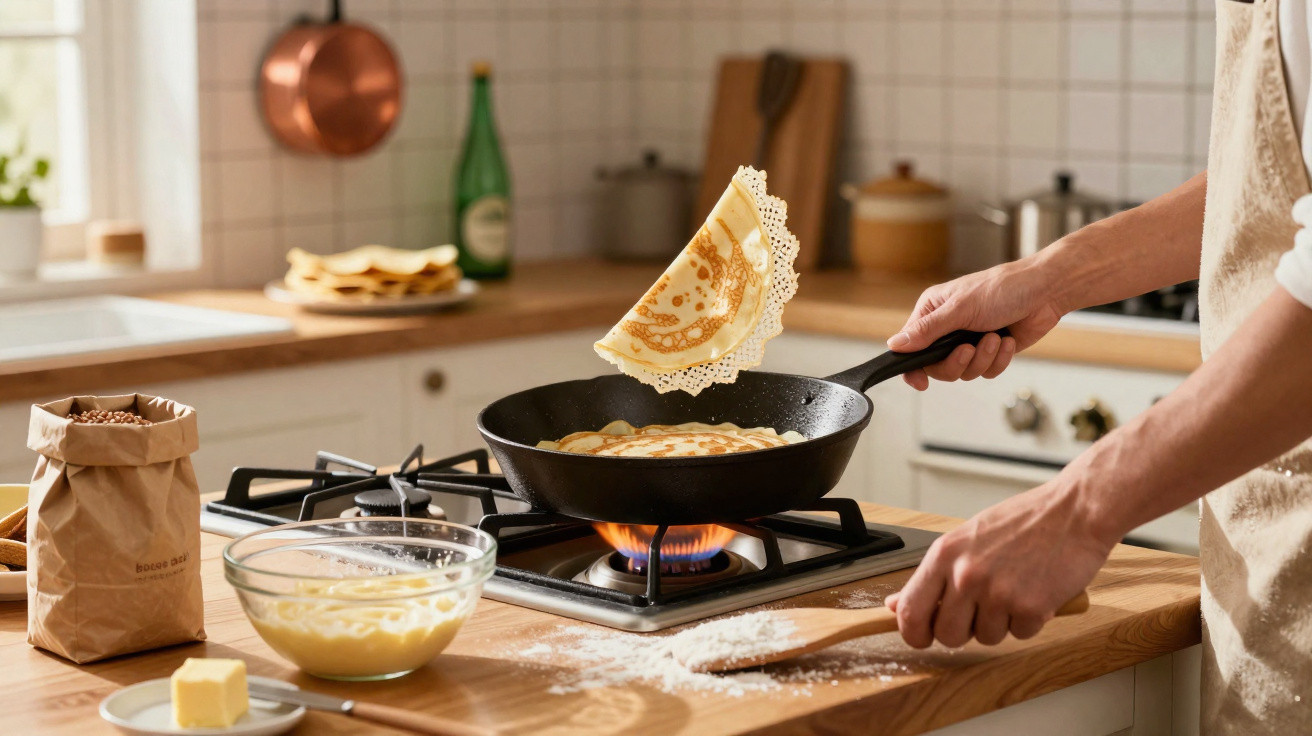 Pessoa a virar panqueca numa frigideira num fogão a gás numa cozinha iluminada.