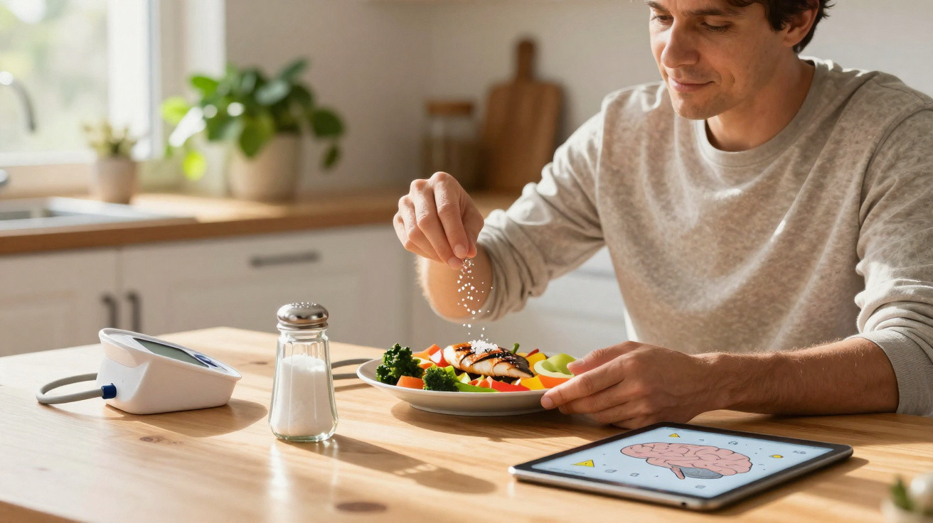 Homem tempera salada saudável na cozinha com monitor de pressão e tablet com imagem de cérebro.