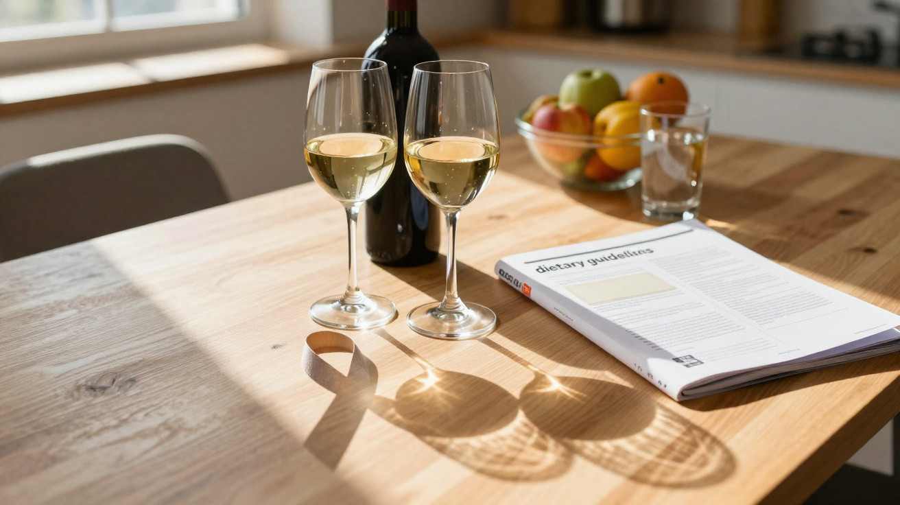 Duas taças de vinho branco, garrafa, livro aberto, copo de água e fruteira numa mesa de madeira iluminada.