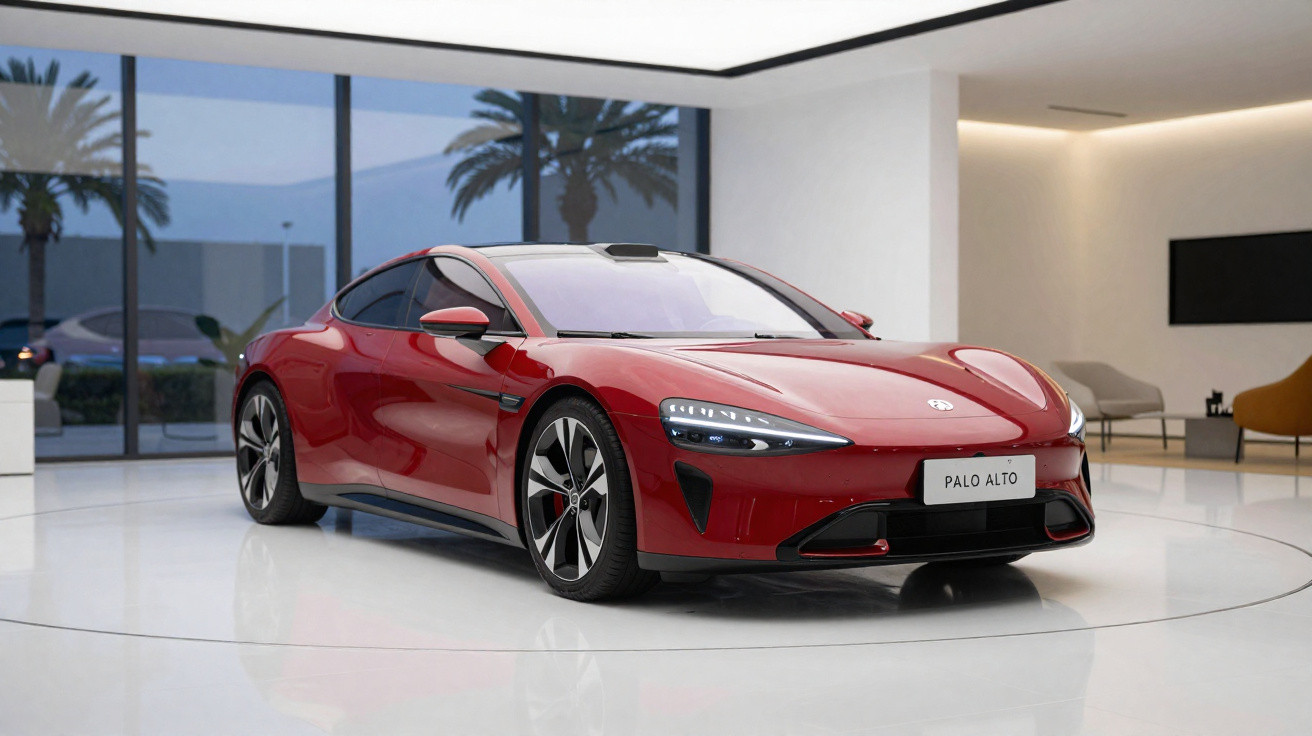 Carro desportivo elétrico vermelho num espaço moderno e minimalista com grandes janelas de vidro.