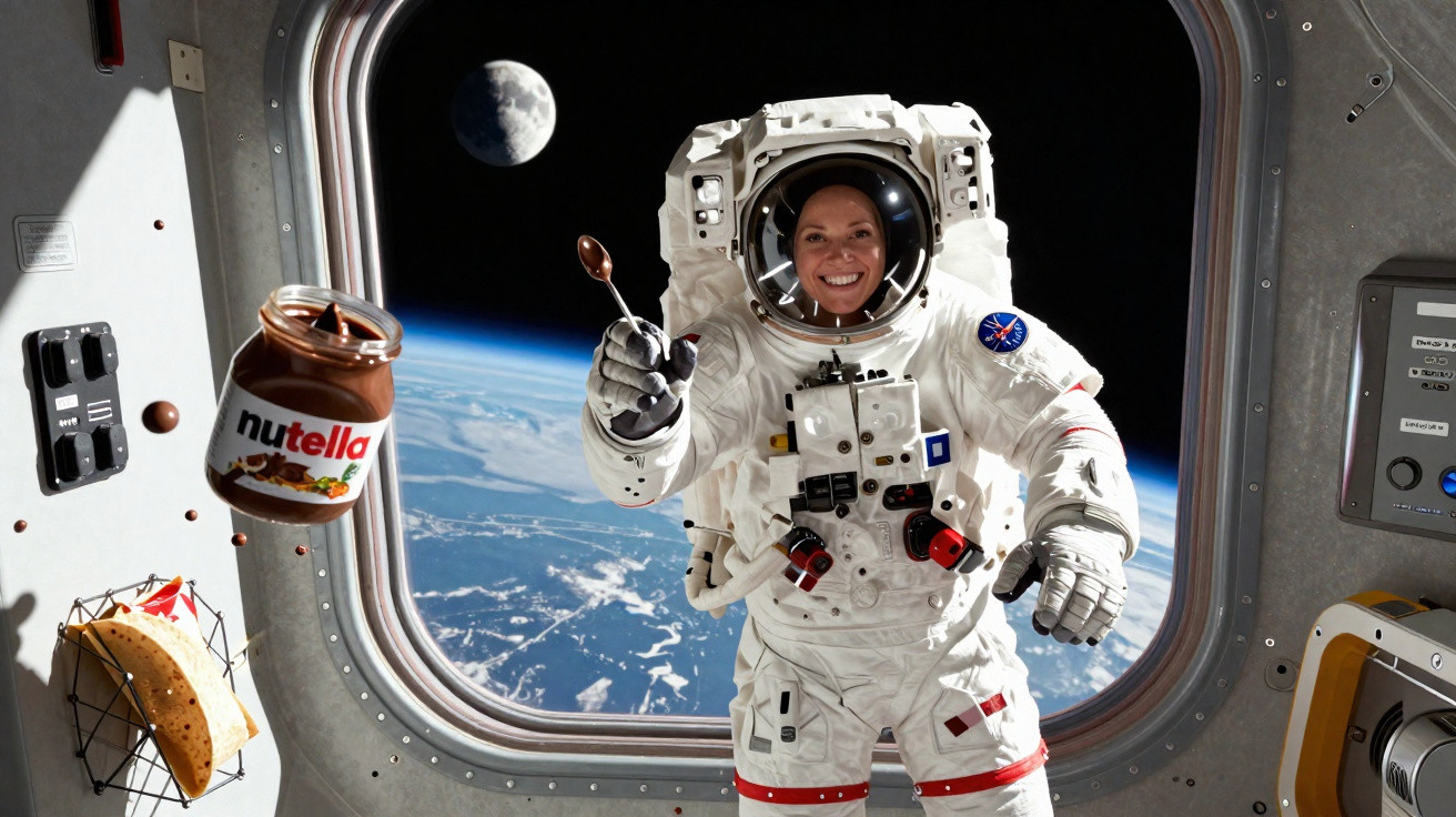 Astronauta sorridente a flutuar no espaço com pote de Nutella, colher e sanduíche perto da Terra vista pela janela.