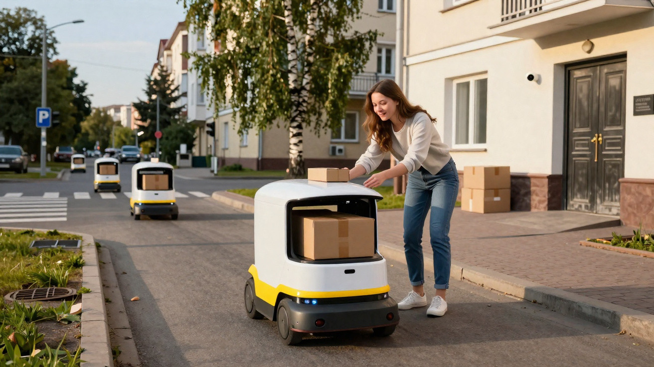 Mulher retira encomenda de robot autónomo amarelo e branco numa rua residencial urbana.