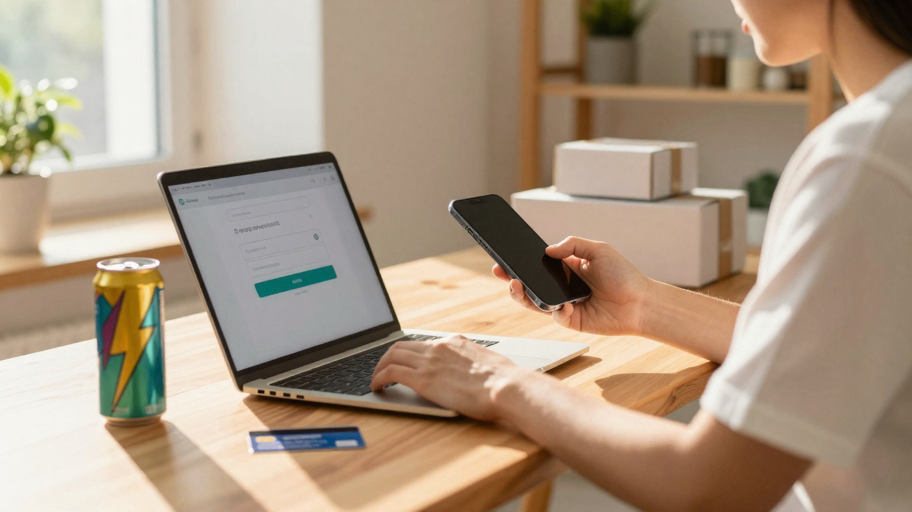 Pessoa a fazer login online num portátil, segurando um telemóvel, com cartão de crédito e lata de bebida na mesa.