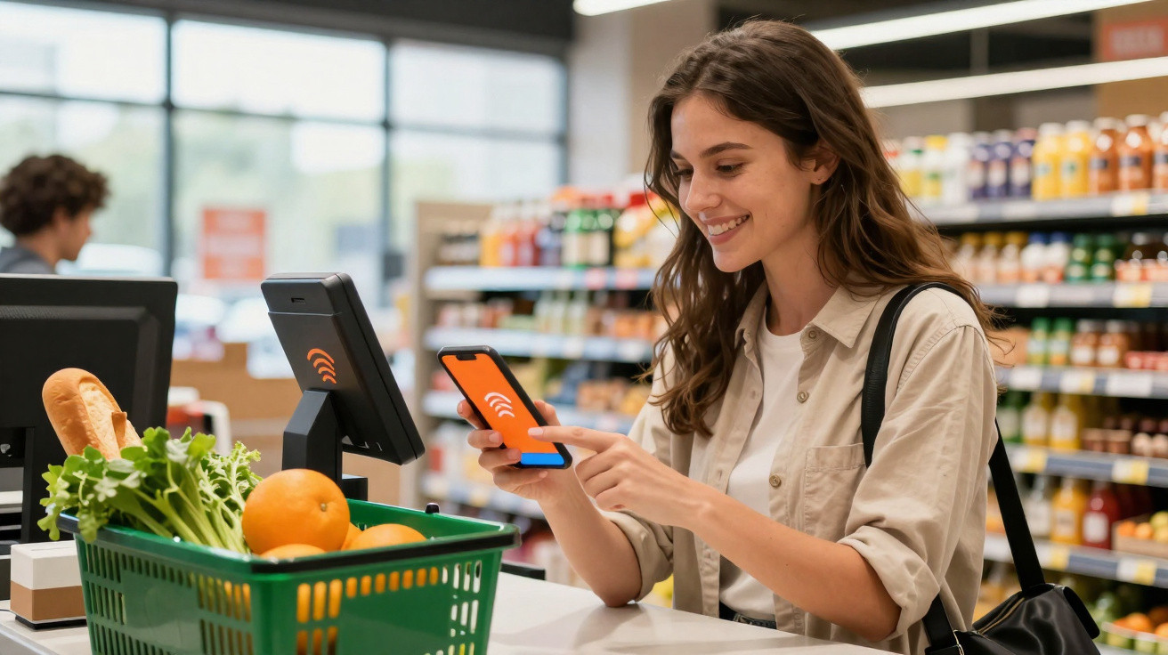 Mulher a pagar as compras com telemóvel numa loja, com cesto de alimentos ao balcão.