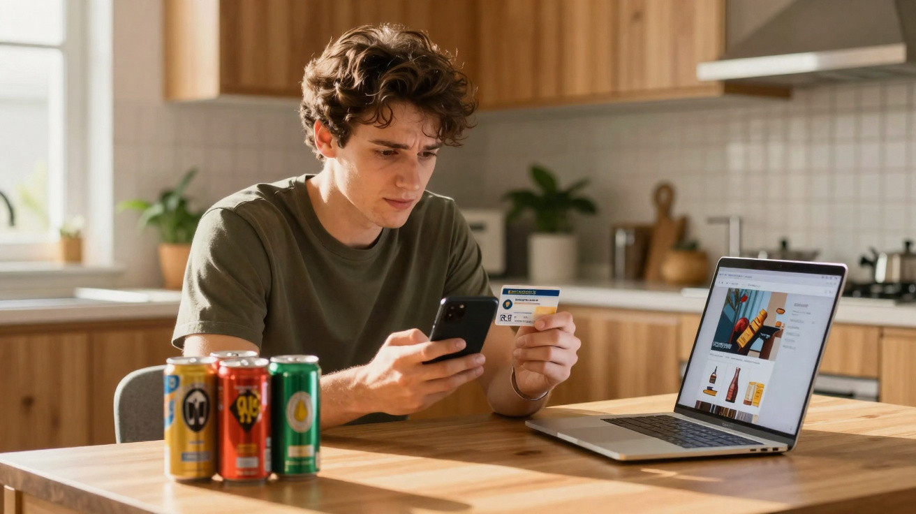 Jovem sentado numa cozinha, a usar um cartão e um telemóvel para fazer compras online num computador portátil.