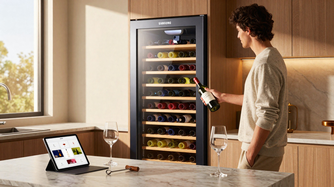 Homem a retirar garrafa de vinho de garrafeira moderna numa cozinha luminosa com tablet e copos de vinho.