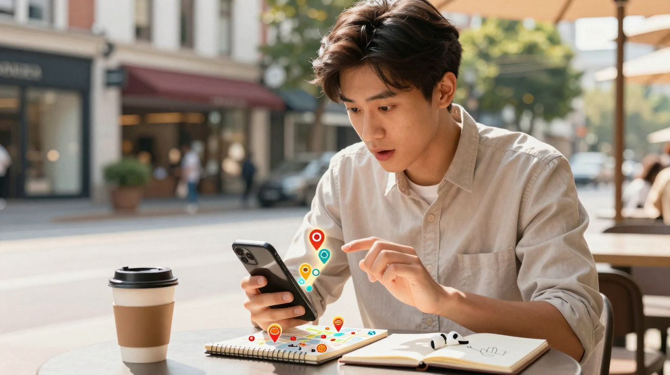 Jovem sentado numa esplanada a usar smartphone, com marcadores de localização e caderno numa mesa.