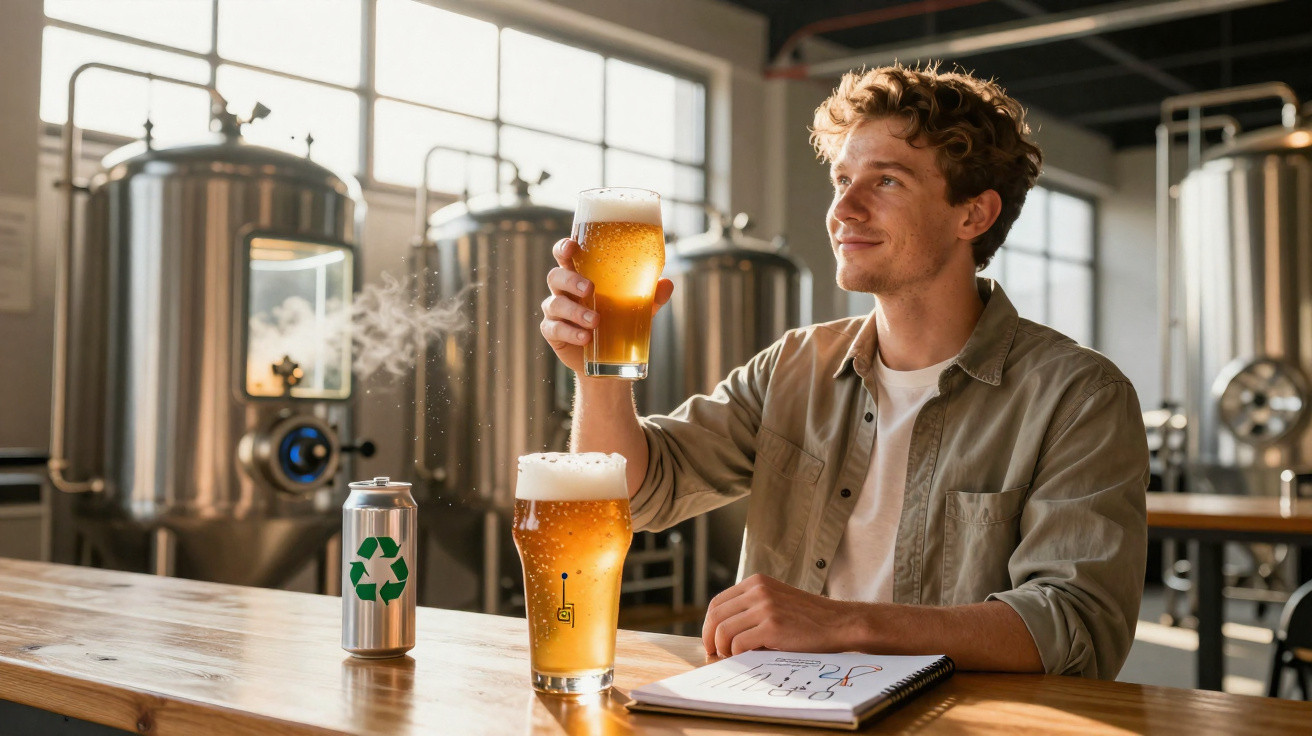 Homem sentado numa cervejaria, segurando copo de cerveja, com notário à frente e tanques industriais ao fundo.