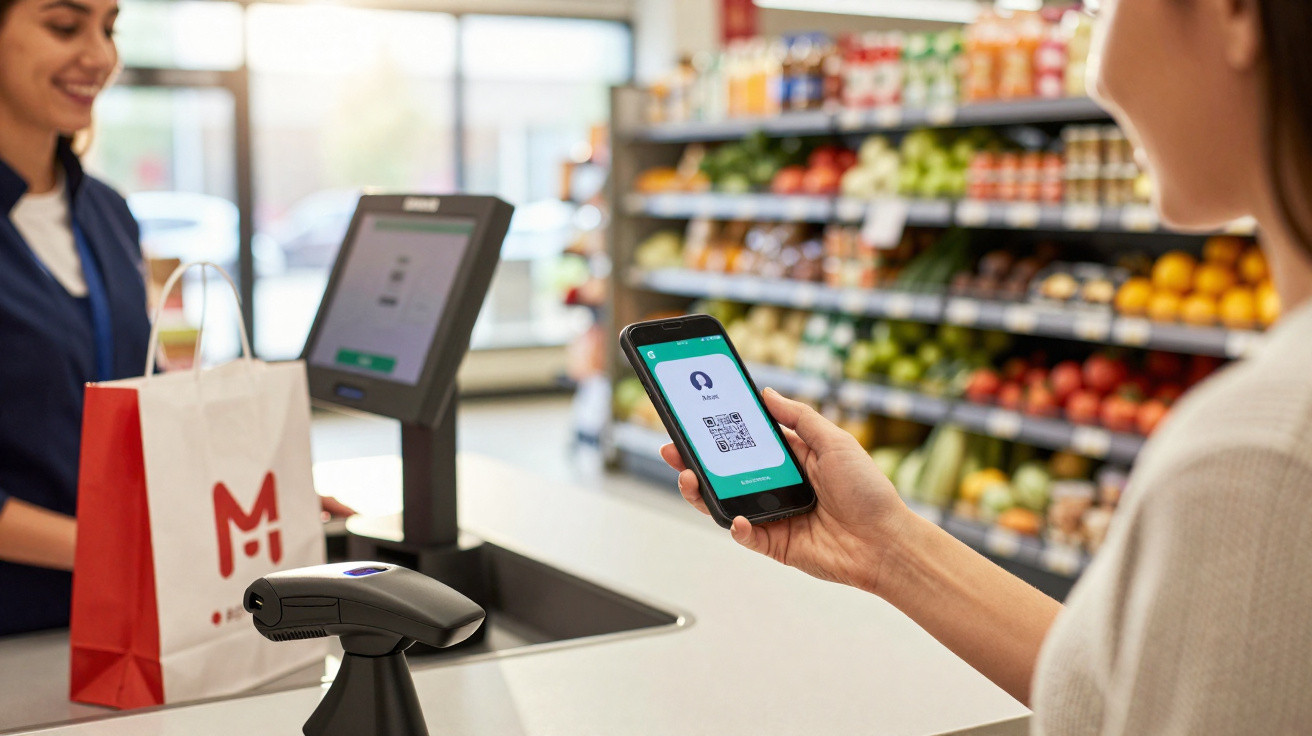 Cliente a pagar com código QR no smartphone numa loja com fruta e legumes ao fundo.
