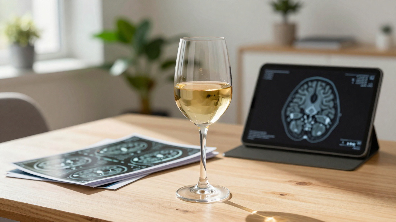 Copo de vinho branco numa mesa com imagens médicas do cérebro em papel e ecrã digital ao fundo.