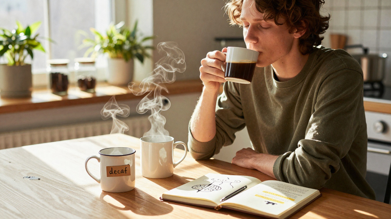 Jovem a beber café quente numa cozinha luminosa, com duas chávenas e um livro aberto sobre a mesa.