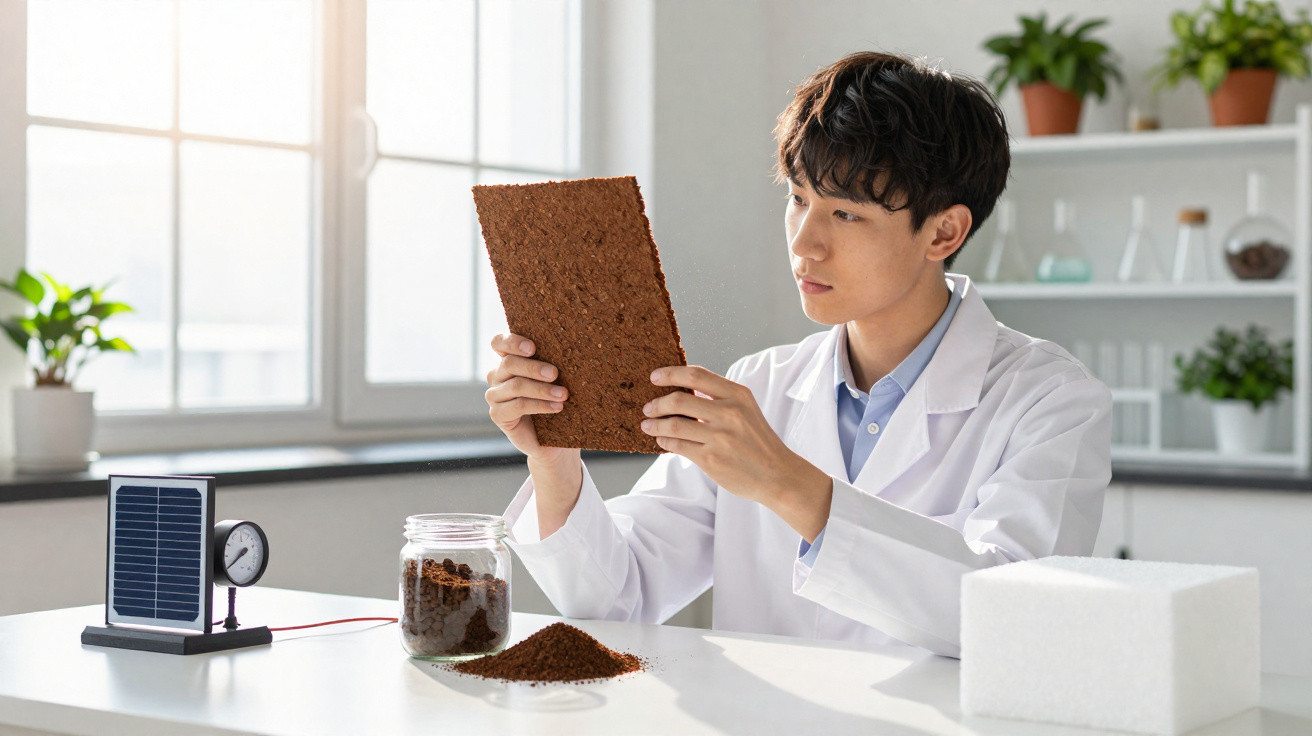 Jovem cientista analisa placa de material orgânico em laboratório com equipamentos e plantas ao fundo.