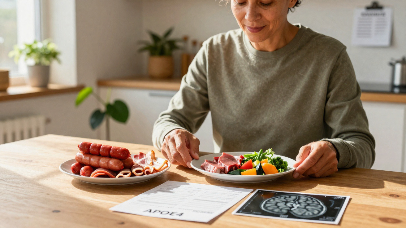 Pessoa sentada à mesa com dois pratos, um de salsichas e outro de vegetais e carne, com documentos à frente.