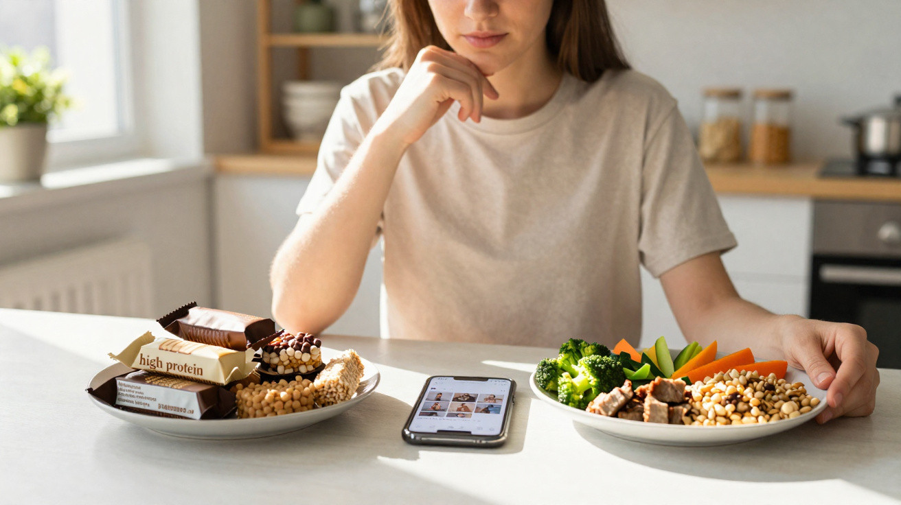 Mulher pensativa decide entre barras de proteína e prato com legumes e carne na cozinha.