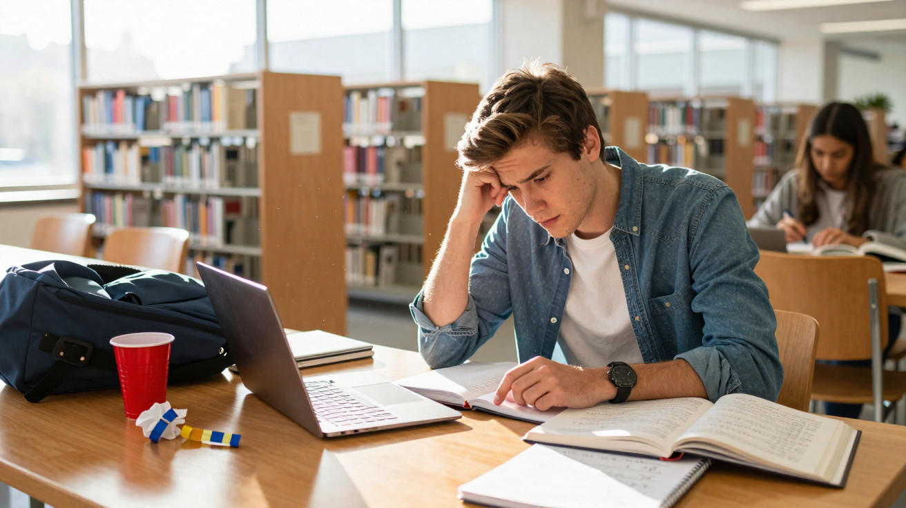 Jovem estudante concentrado a estudar numa biblioteca com livros, computador portátil e material de estudo à sua frente.