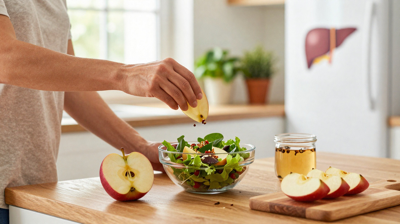 Pessoa a preparar salada com folhas verdes, maçã e temperos numa cozinha luminosa.