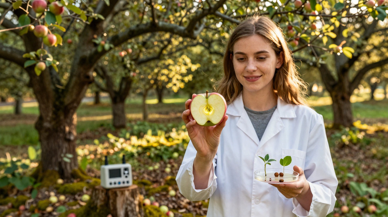 Mulher cientista segura meio maçã e placa de Petri com plantas jovens numa pomar ao pôr do sol.