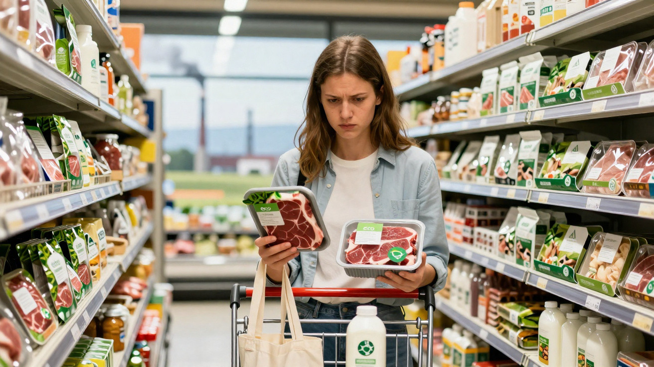 Mulher numa loja a comparar dois pacotes de carne, com expressão de dúvida, empurrando carrinho de compras.