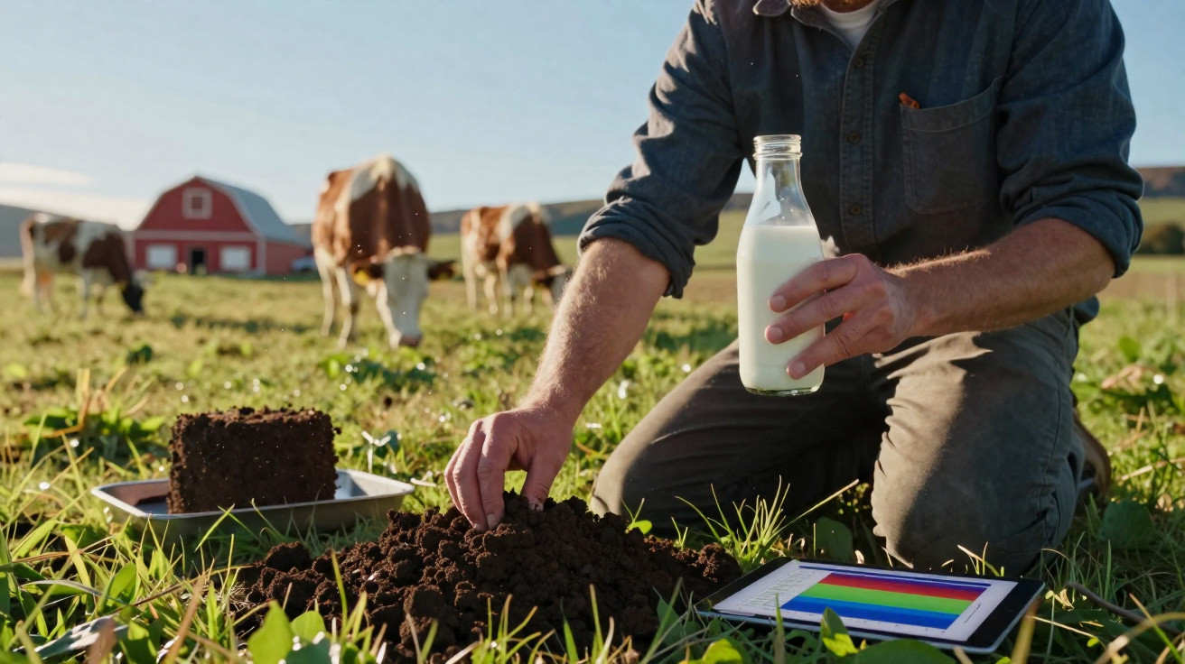 Agricultor analisa solo e segura garrafa de leite em campo com vacas e celeiro ao fundo.