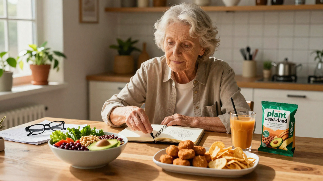 Idosa sentada à mesa com comida vegan, escrevendo num caderno numa cozinha iluminada por luz natural.