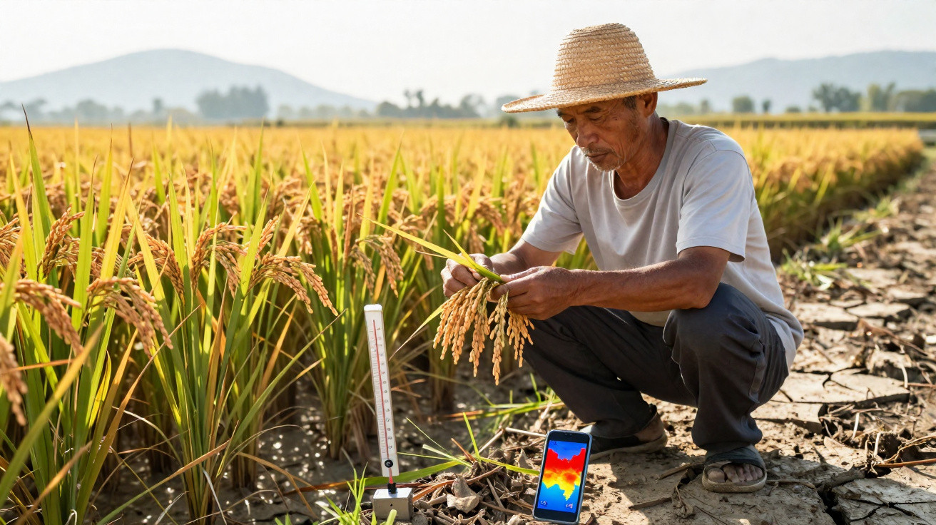 Homem com chapéu de palha examina plantas num campo de arroz seco com termómetro e smartphone no chão.