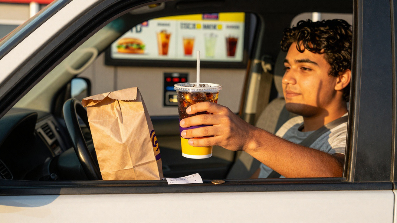 Homem jovem dentro de carro a receber bebida de take-away num restaurante de fast food.