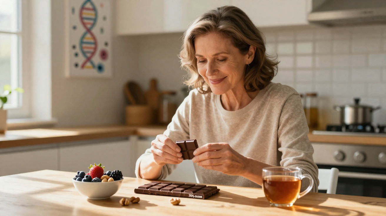 Mulher sorridente sentada à mesa a partir uma tablete de chocolate numa cozinha luminosa.