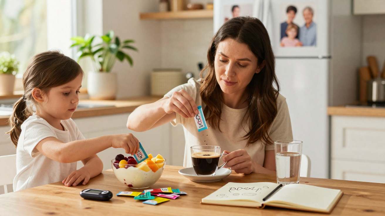 Mãe e filha a adicionar adoçante ao café e à taça de fruta numa cozinha luminosa e acolhedora.