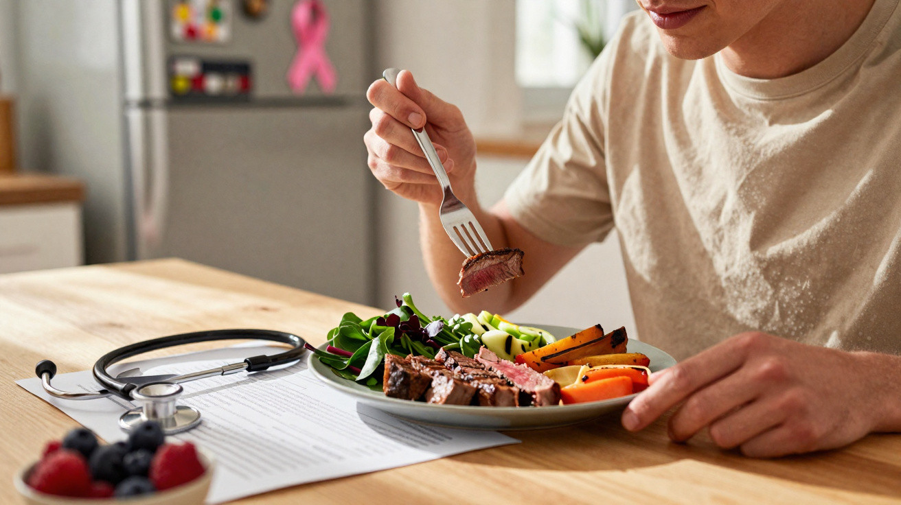 Pessoa a comer refeição saudável com legumes e carne, com estetoscópio e documentos médicos na mesa.