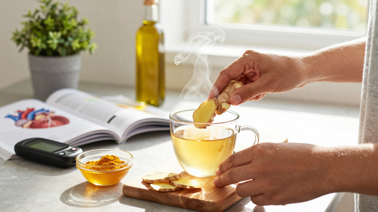 Mãos a colocar gengibre numa chávena com infusão, com açafrão, livro, medidor e planta ao fundo sobre bancada.