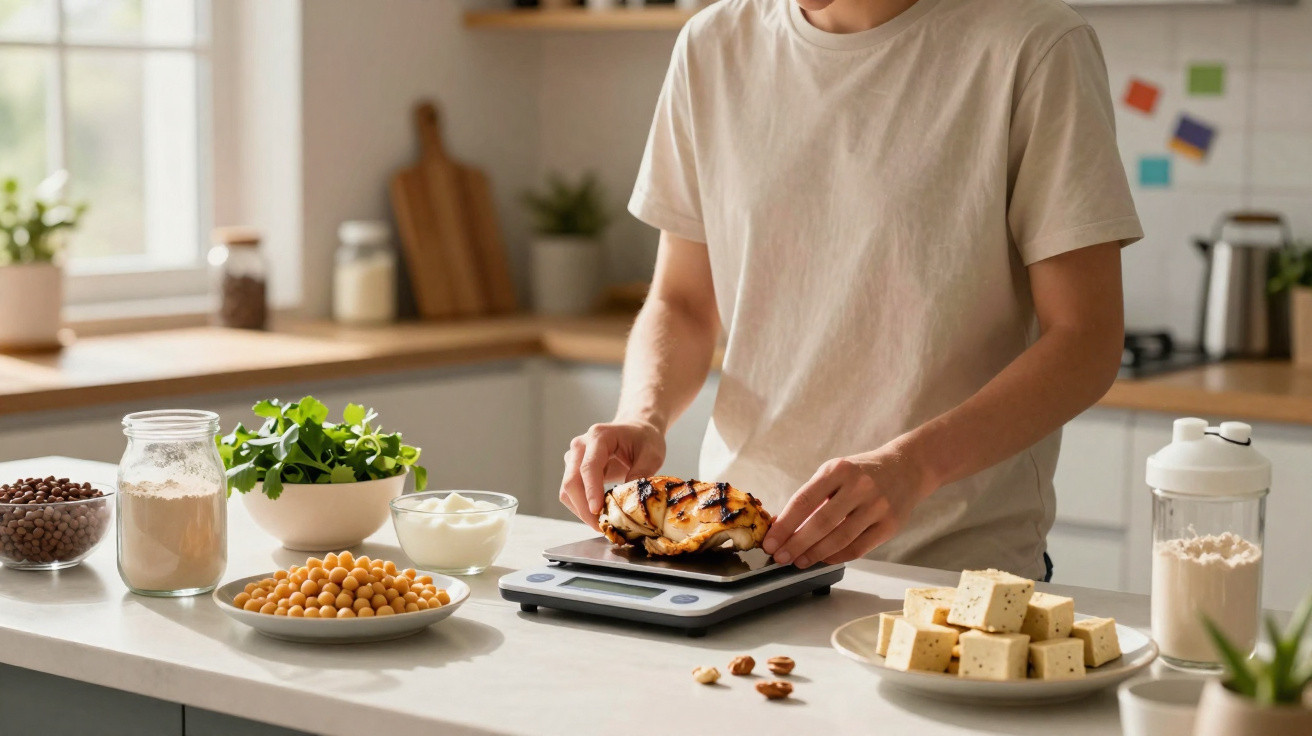 Pessoa a pesar frango grelhado numa balança digital numa cozinha com ingredientes saudáveis à volta.