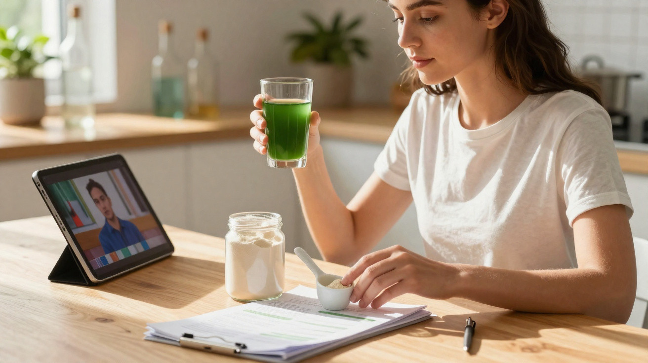 Mulher sentada a estudar, segurando um copo de sumo verde junto a um tablet e documentos numa mesa de cozinha.