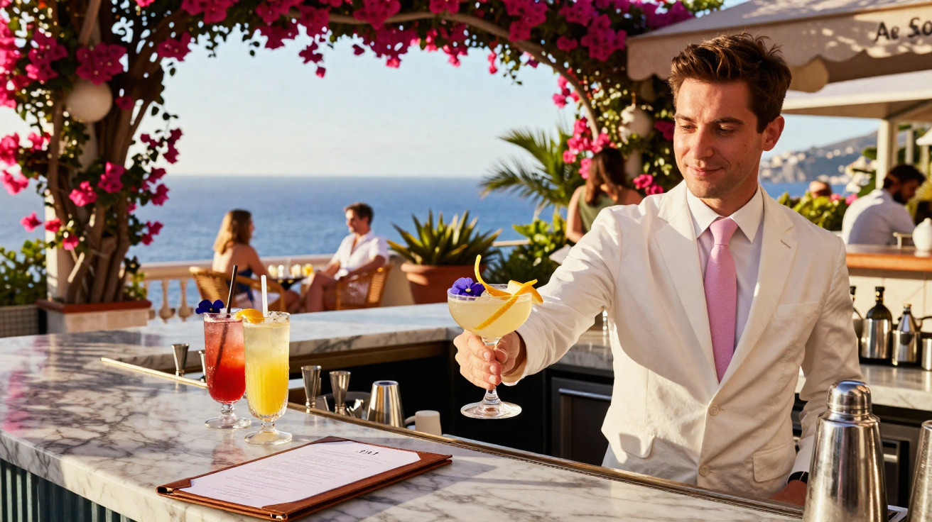 Bartender de fato branco a servir cocktail decorado numa barra de mármore num bar ao ar livre com vista para o mar.