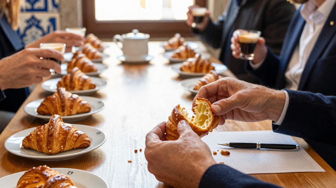 Pessoa parte croissant em reunião à volta de mesa com vários croissants e café em chávenas.