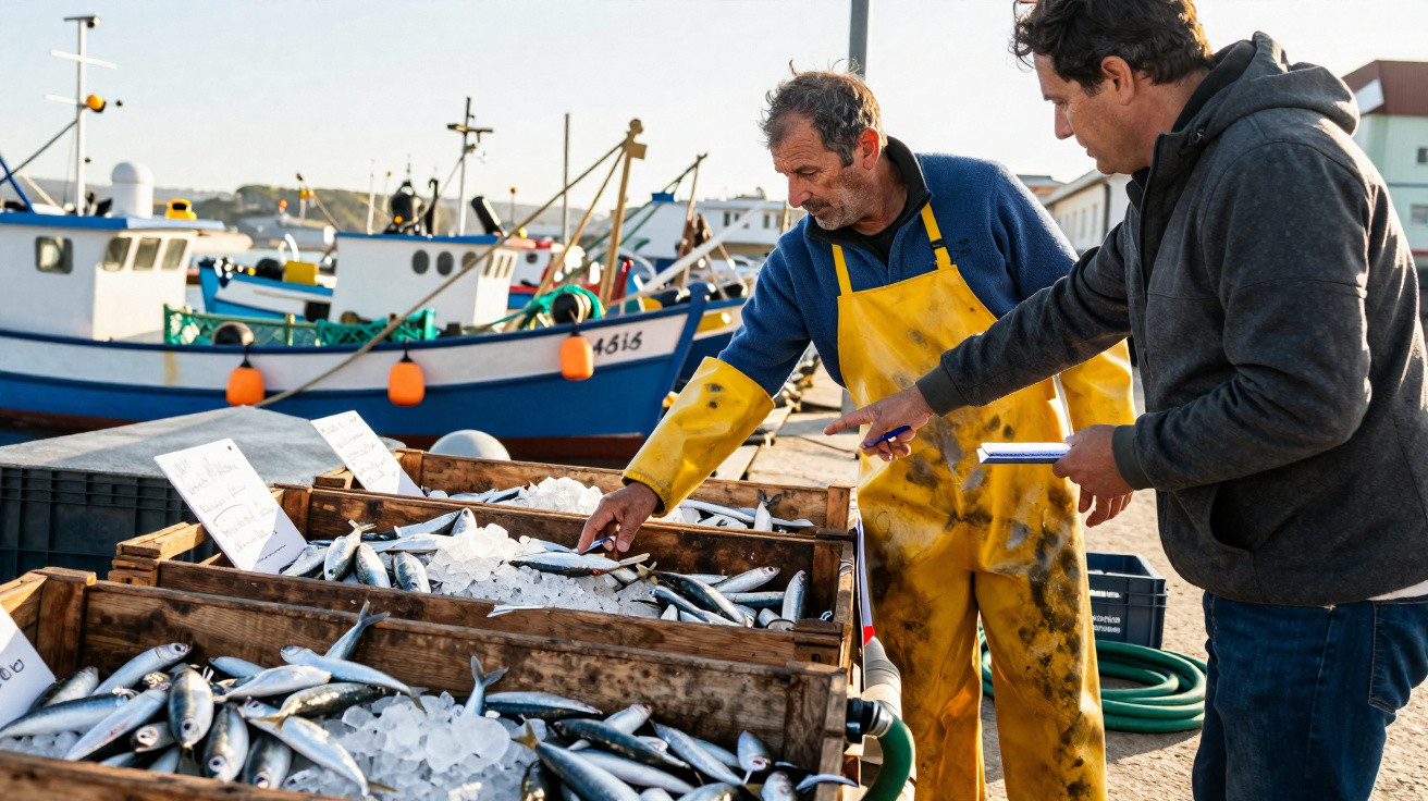 Dois homens junto a caixas de peixe fresco e gelo num porto com barcos ao fundo.