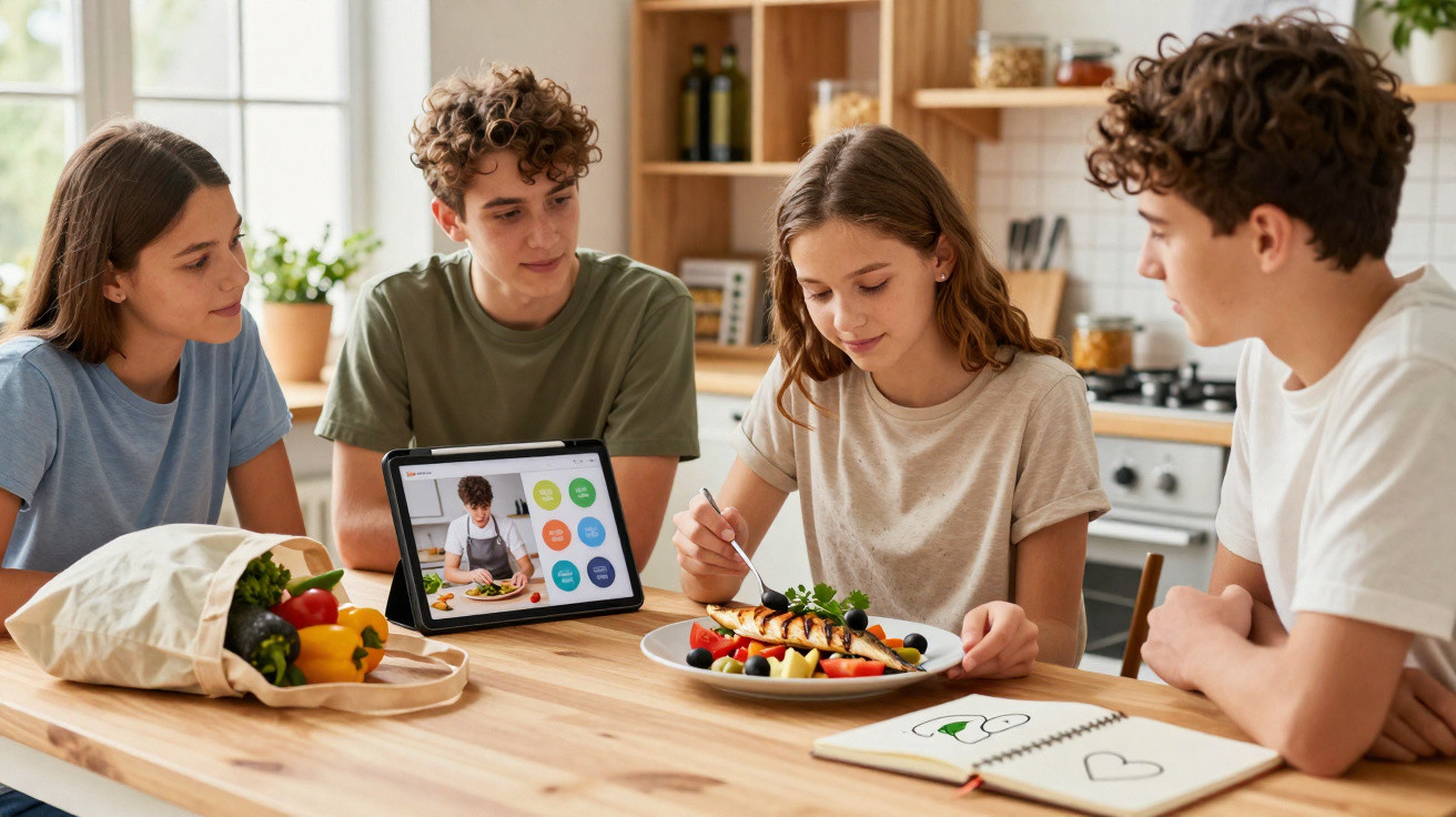 Jovens na cozinha a preparar e degustar comida saudável com tablet e legumes ao lado.