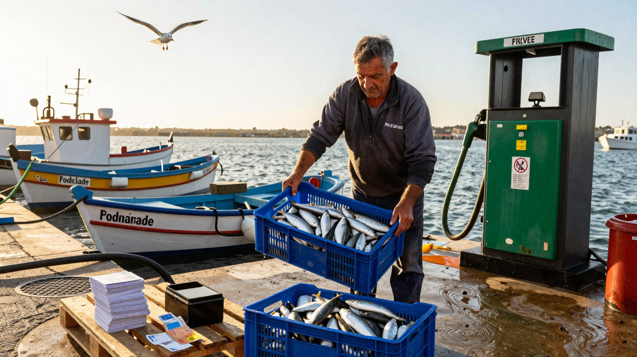Pescador a manusear caixas de peixe junto a barcos de pesca num cais ao pôr do sol.