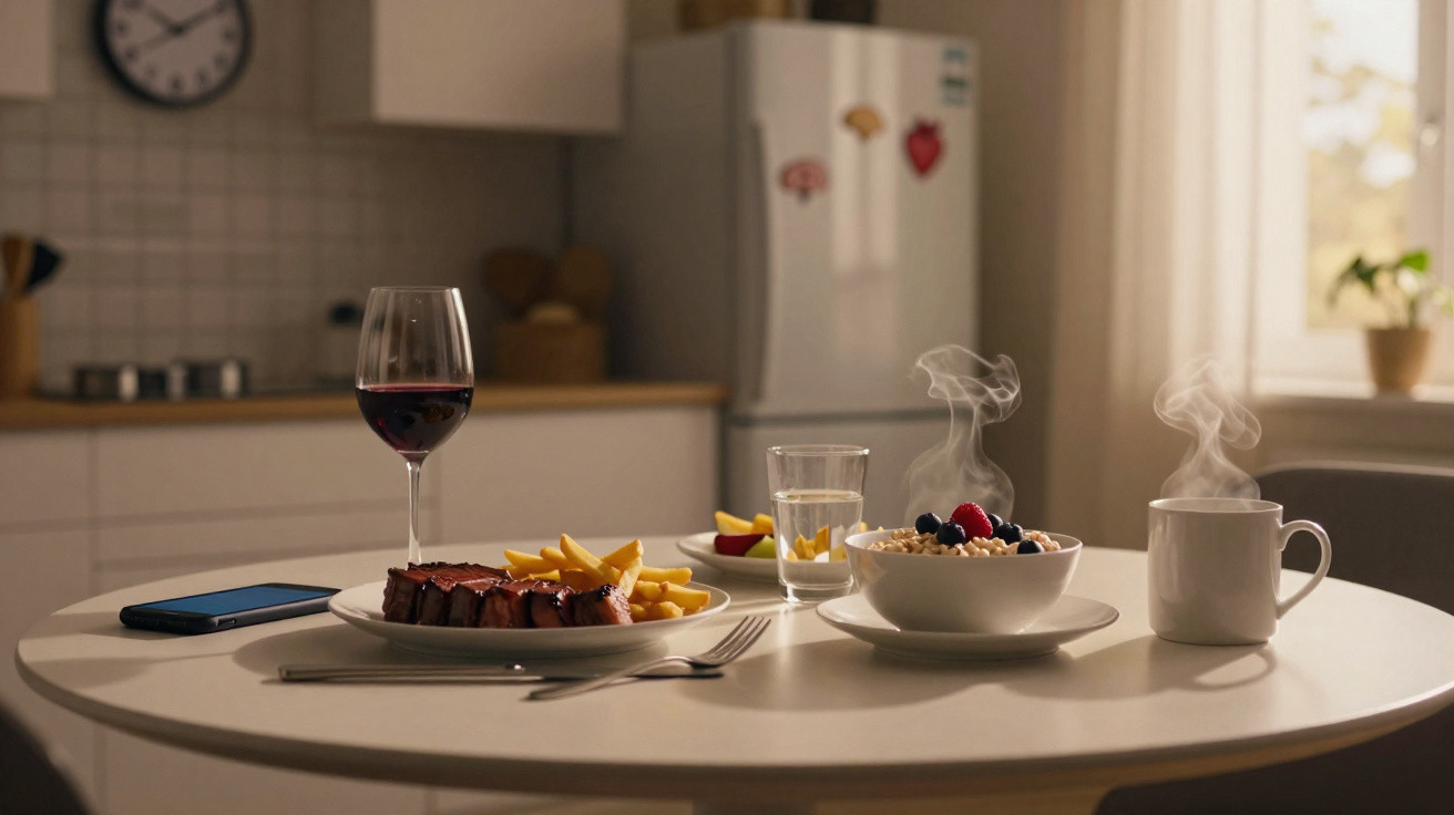 Mesa redonda com prato de carne e batatas, taça de vinho, tigela de cereais com frutos vermelhos e chávena fumegante.