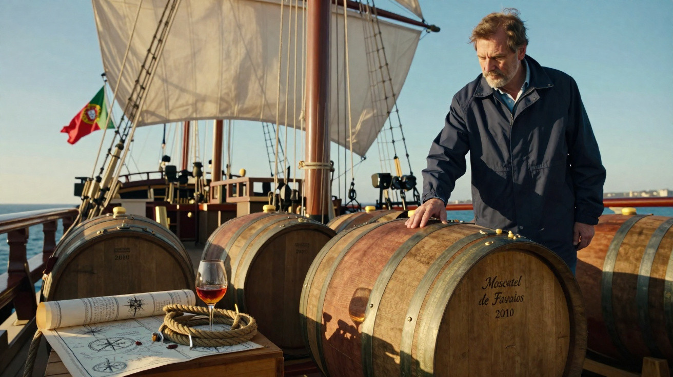 Homem junto a barris de vinho num barco com velas e bandeira de Portugal ao pôr do sol.