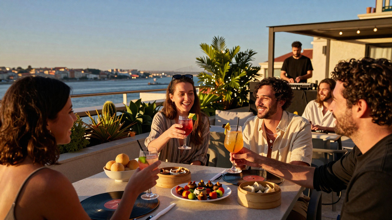 Grupo de amigos a brindar com cocktails numa esplanada com vista para o rio ao pôr do sol.